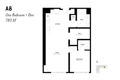 Floor plan for 1 bed, 1 bath, 839 sqft